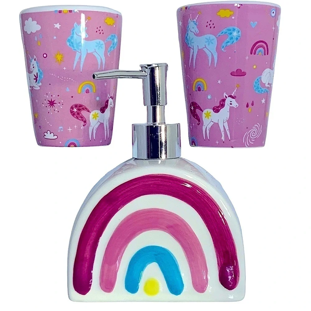 Kids Bath Accessories Unicorn Rainbow Toothbrush Holder Cup Soap Dispenser 3 PC